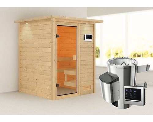 Sauna Plug & Play Karibu Sandra avec poêle 3,6 kW avec commande ext. avec couronne et porte entièrement vitrée couleur bronze