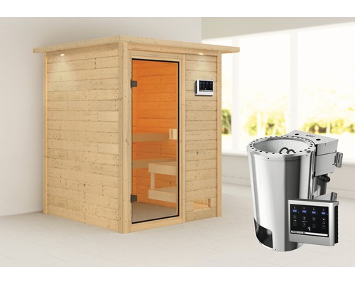 Sauna Plug & Play Karibu Sandra avec poêle bio 3,6 kW avec commande ext. avec couronne et porte entièrement vitrée couleur bronze