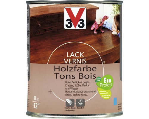 Peinture à bois en pot avec la mention Lack Vernis et le logo 33