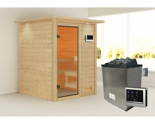 Sauna aus Holz mit Glastür und Saunaofen mit Steinen