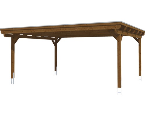Abri de voiture en bois avec toit plat et ancrages de poteaux