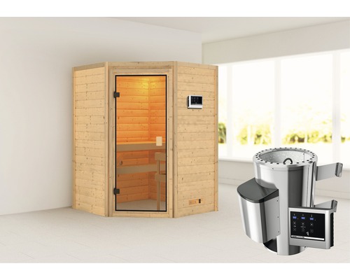 Sauna Woodfeeling Antonia inkl.3,6kW Ofen u.ext.Steuerung ohne Dachkranz mit bronzierter Ganzglastüre