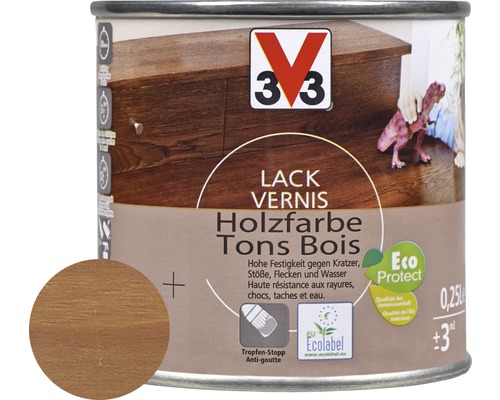 Vernis pour bois mat satiné chêne rustique 250 ml Peinture à bois en boîte avec système anti-goutte, label écologique et sceau Eco Protect