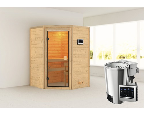 Sauna Plug & Play Karibu Antonia avec poêle bio 3,6 kW avec commande ext. sans couronne avec porte entièrement vitrée couleur bronze