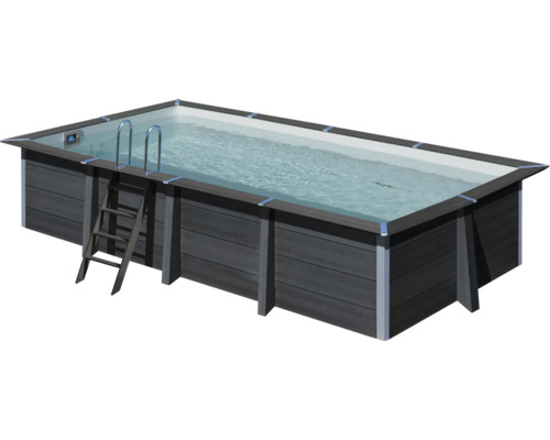 Kit de piscine hors sol en bois composite Gre rectangulaire 606x326x124 cm avec groupe de filtration à sable, skimmer, échelle, sable filtrant et tapis de sol gris
