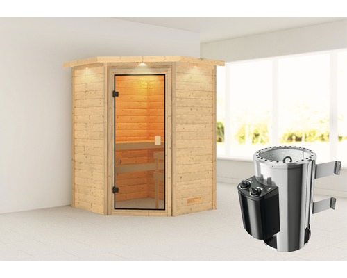 Sauna Woodfeeling Antonia inkl.3,6kW Ofen u.intergr.Steuerung mit Dachkranz und bronzierter Ganzglastüre