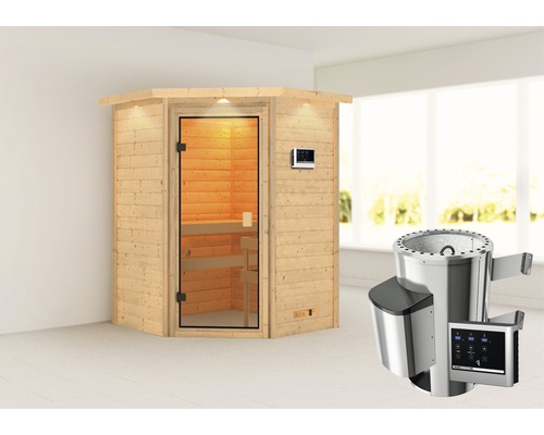 Sauna Plug & Play Karibu Antonia avec poêle 3,6 kW avec commande ext. avec couronne et porte entièrement vitrée couleur bronze