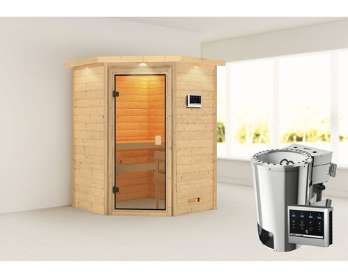 Sauna Plug & Play Karibu Antonia avec poêle bio 3,6 kW avec commande ext. avec couronne et porte entièrement vitrée couleur bronze