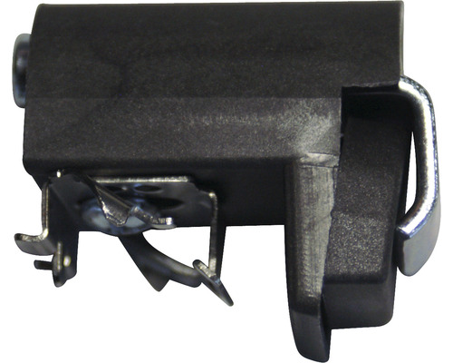 Kunststoffverbinder mit Metallklammern zur Befestigung.