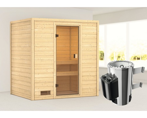 Sauna Woodfeeling Selena inkl.3,6 kW Ofen u.integr.Steuerung ohne Dachkranz mit bronzierter Ganzglastüre