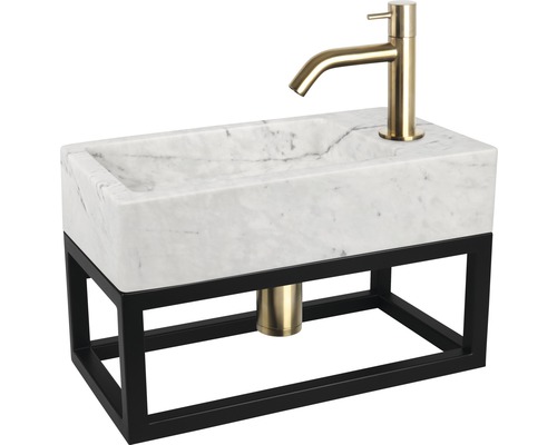 Meuble-lavabo avec vasque en marbre, robinet doré et cadre en métal noir