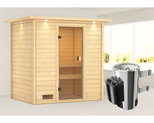 Sauna Woodfeeling Selena inkl.3,6 kW Ofen u.integr.Steuerung mit Dachkranz und bronzierter Ganzglastüre