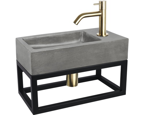 Meuble-lavabo avec vasque en béton, robinetterie et cadre en métal noir