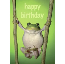 Frosch hält sich an Ästen fest mit dem Text ''Happy Birthday''.