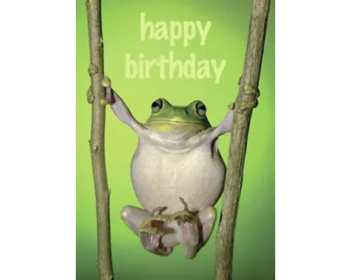 Frosch hält sich an Ästen fest mit dem Text ''Happy Birthday''.