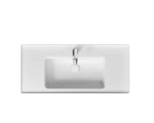 Vue de dessus d''un lavabo rectangulaire avec robinetterie