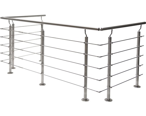 Geländerset Pertura Hestia U-Form Edelstahl mit Rundstäbenfür Bodenmontage B: 10 m Edelstahlgeländer mit horizontalen Drahtseilen