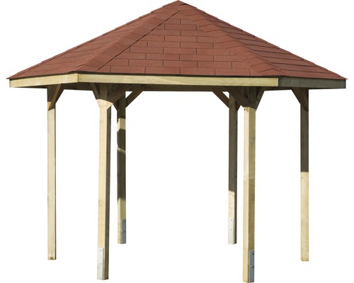 Pavillon avec poutres en bois et toit en bardeau bitumé