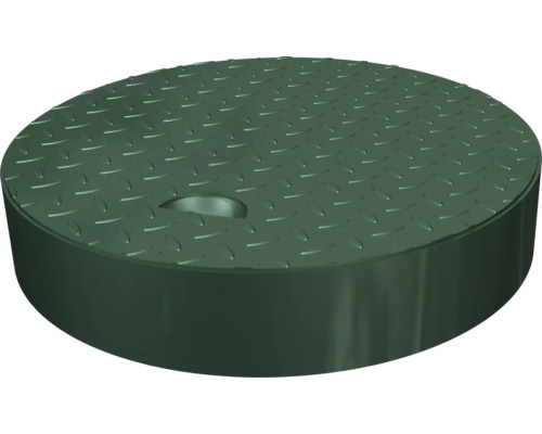 Couvercle et cadre vert mousse pour réservoir enterré d'eau de pluie GET 1.0 Couvercle rond avec structure en tôle larmée et trou de préhension.