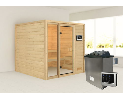 Sauna en madriers Karibu Jutta avec poêle 9 kW et commande ext. sans couronne avec porte entièrement vitrée couleur bronze