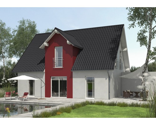 Une maison individuelle moderne avec un toit foncé, une terrasse et un jardin.