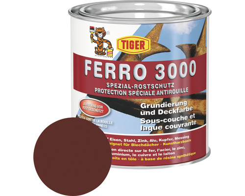 Tiger Ferro 3000 RAL 3009 rouge oxydé 375 ml Tiger Ferro 3000 Protection Spéciale Antirouille, sous couche et laque couvrante pour fer, acier, zinc, aluminium, cuivre et laiton, pot