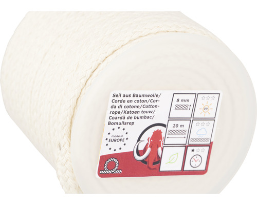 Mamutec Corde tressée coton Ø 8 mm x 20 m blanc Bobine de corde en coton, diamètre 8 millimètres, longueur 20 mètres