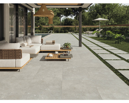 Dalle de terrasse grès cérame fin Supernova grey bords rectifiés 90 x 60 x 2 cm