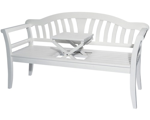 Weisse Gartenbank aus Holz mit integriertem Klapptisch