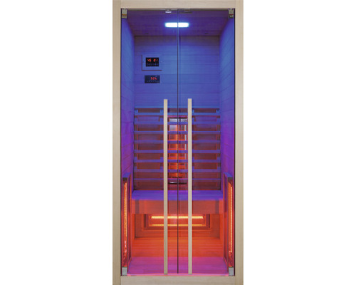 Sauna infrarouge avec porte en verre et sièges en bois