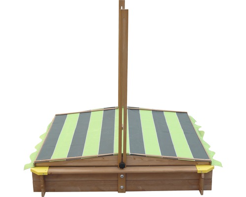 Bac à sable avec couvercle à rayures et cadre en bois