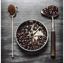 Kaffeebohnen und Kaffeepulver mit Kaffeebereiter