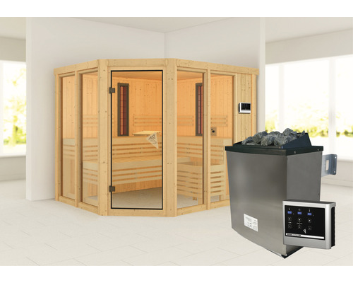Sauna modulaire Karibu Avara avec poêle 9 kW et commande externe, sans couronne, avec portes entièrement vitrées couleur bronze