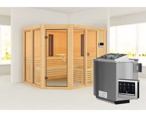 Sauna modulaire Karibu Avara avec poêle bio 9 kW et commande externe, sans couronne, avec portes entièrement vitrées couleur bronze
