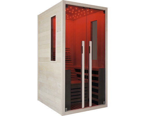 Sauna avec porte en verre et revêtement en bois.