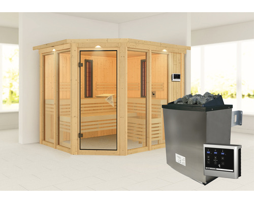 Sauna modulaire Karibu Avara avec poêle 9 kW et commande externe, avec couronne et portes entièrement vitrées couleur bronze