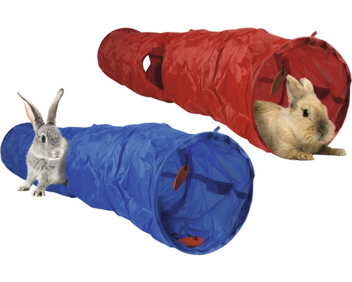 Kaninchentunnel Karlie Roadster 120 cm zufällige Farbauswahl Zwei Spieltunnel für Kleintiere, jeweils mit einem Kaninchen.