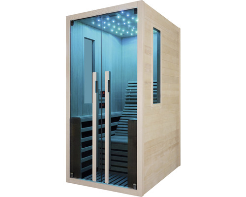 Sauna avec façade en verre et revêtement en bois