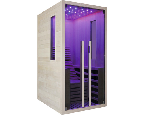 Sauna avec porte en verre et éclairage intérieur