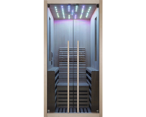 Sauna avec porte en verre et éclairage intérieur