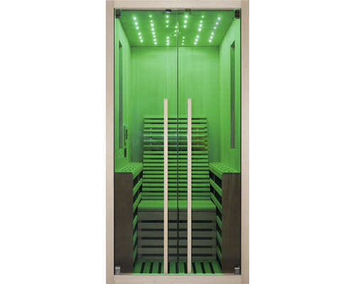 Sauna avec portes en verre et sièges en bois