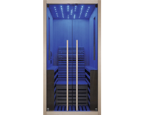 Vue intérieure d''un sauna avec porte en verre et revêtement en bois