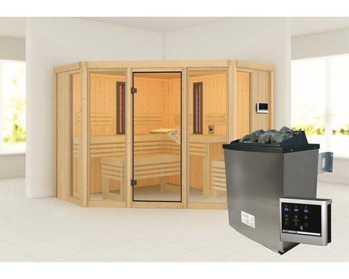 Sauna modulaire Karibu Astaria avec poêle 9 kW et commande externe, sans couronne, avec portes entièrement vitrées couleur bronze