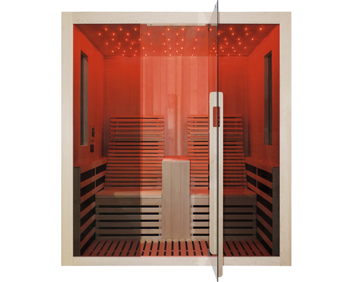 Vue intérieure d''un sauna infrarouge avec des bancs en bois et une façade en verre