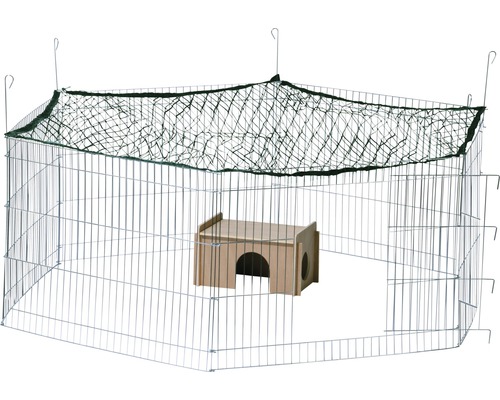 Enclos hexagonal avec cabane et filet de protection 165x145x60 cm argent