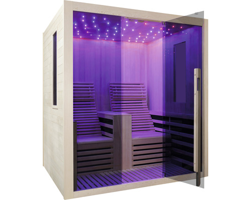 Vue intérieure d''un sauna avec des bancs en bois et un éclairage de ciel étoilé