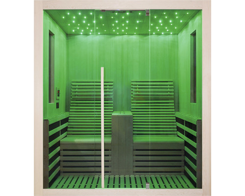 Sauna avec bancs en bois et façade en verre