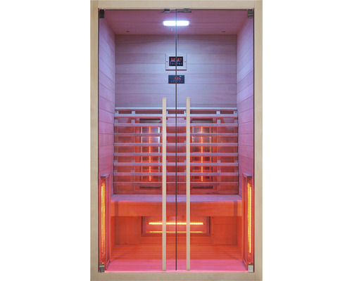 Sauna infrarouge avec porte en verre et bancs en bois