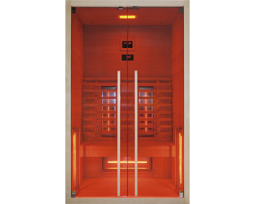 Cabine infrarouge avec portes en verre et éléments en bois