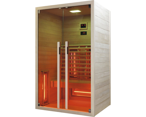 Sauna infrarouge avec façade en verre et revêtement en bois